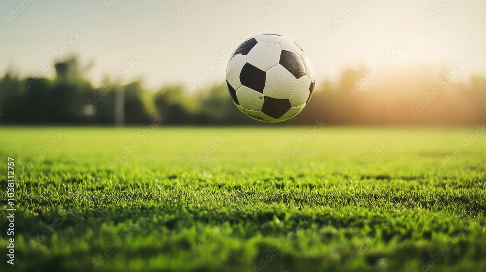 Fototapeta premium A soccer ball mid-flight during a powerful kick, outdoor setting on a green field, Dynamic style