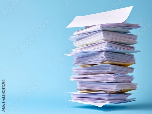 Stack of unorganized paperwork against a blue background. photo