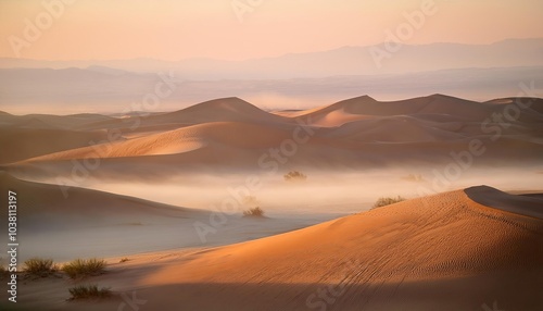 Low fog covering sand dunes in desert landscape at sunrise