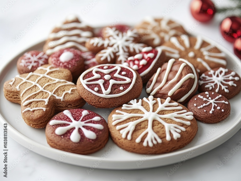 Festively arranged Christmas cookies on a decorative plate, showcasing intricate details, with a clean background perfect for adding messages. Festively arranged Christmas cookies on a decorative plate, showcasing intricate details, with a clean background perfect for adding messages.