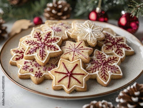 Delicious Christmas cookies displayed on a festive plate, close-up with intricate details, and ample white space for any holiday message.