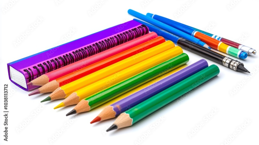 Colorful Pencils Notebook and Pens on White Background Back to School Supplies Colorful Pencils Notebook and Pens on White Background Back to School Supplies