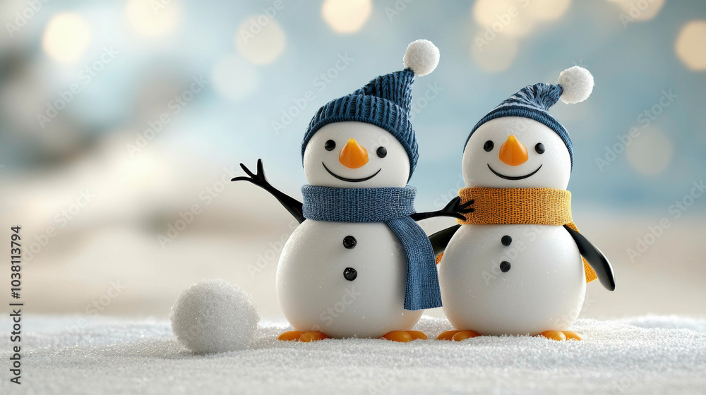 Obraz premium Two cheerful snowmen with colorful scarves stand against a blurred winter background, evoking a festive and playful holiday spirit.