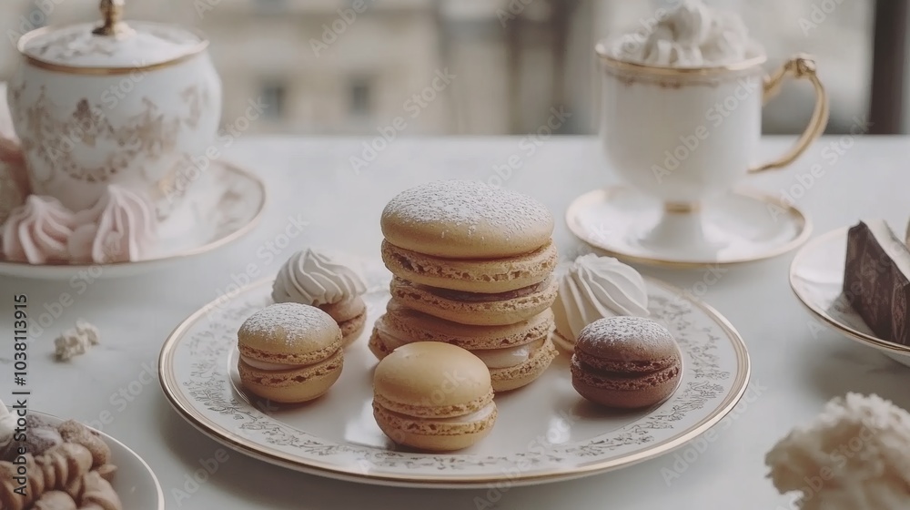 Elegant French Macarons on a White Plate with Tea and Desserts Elegant French Macarons on a White Plate with Tea and Desserts