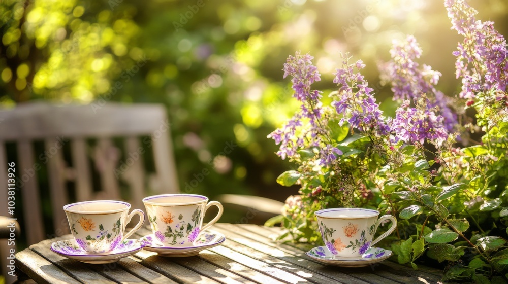 Afternoon Tea Set in a Floral Garden with Natural Light Afternoon Tea Set in a Floral Garden with Natural Light