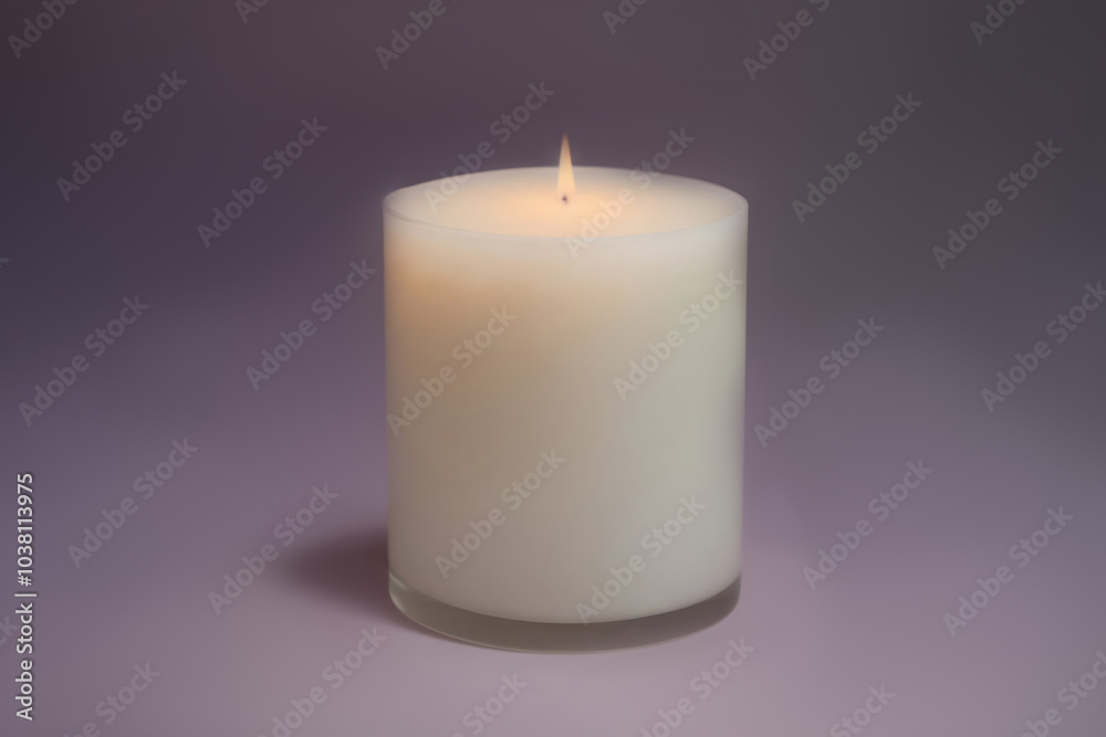 An isolated beautiful white candle burns on a purple background, in the center. Flame of hope An isolated beautiful white candle burns on a purple background, in the center. Flame of hope