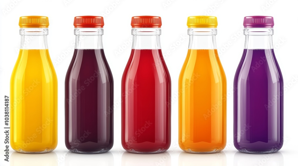 Colorful Glass Bottles with Juice Mockup Isolated on White Colorful Glass Bottles with Juice Mockup Isolated on White