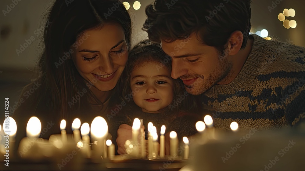 Family lighting Hanukkah candles together, warm festive setting, cozy textures, soft candlelight Family lighting Hanukkah candles together, warm festive setting, cozy textures, soft candlelight