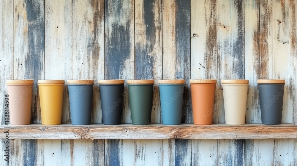 Colorful Ceramic Mugs on Rustic Wooden Shelf Colorful Ceramic Mugs on Rustic Wooden Shelf