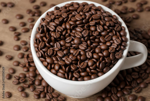 A white cup filled with coffee beans and coffee beans scattered on a wooden surface