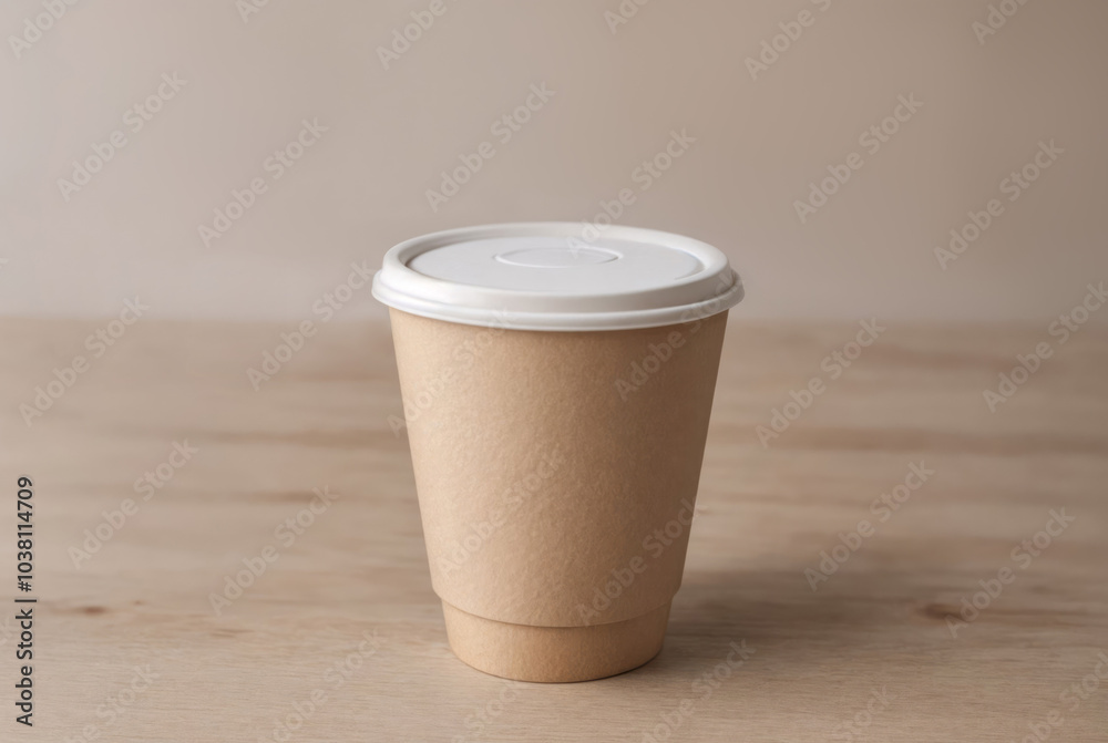 Brown paper cup with plastic lid for coffee, tea, beverages made of sustainable materials Brown paper cup with plastic lid for coffee, tea, beverages made of sustainable materials