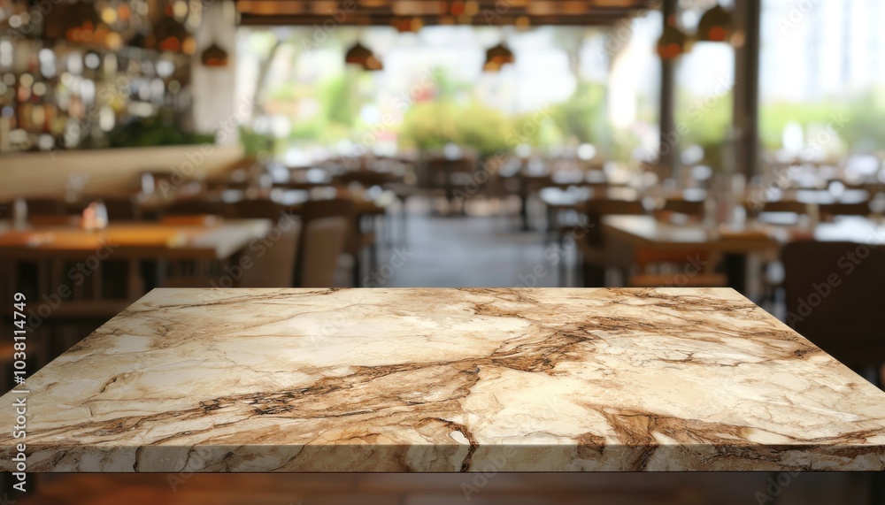 A marble table in a restaurant setting, with a blurred background of dining area and greenery. A marble table in a restaurant setting, with a blurred background of dining area and greenery.