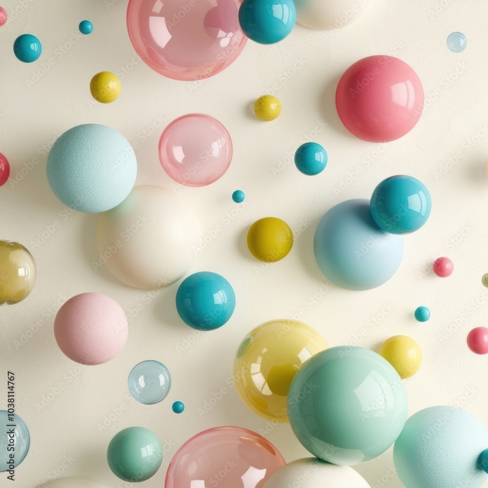 A scattering of colorful spheres and transparent bubbles against a light yellow background. A scattering of colorful spheres and transparent bubbles against a light yellow background.