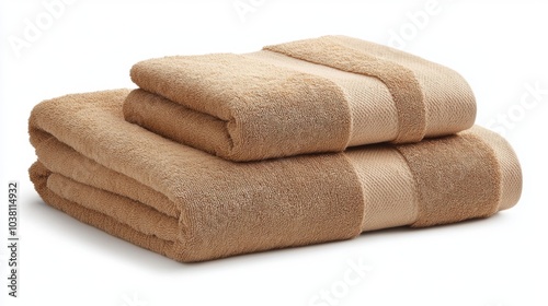 Soft Brown Cotton Towels Stacked Isolated on White Background