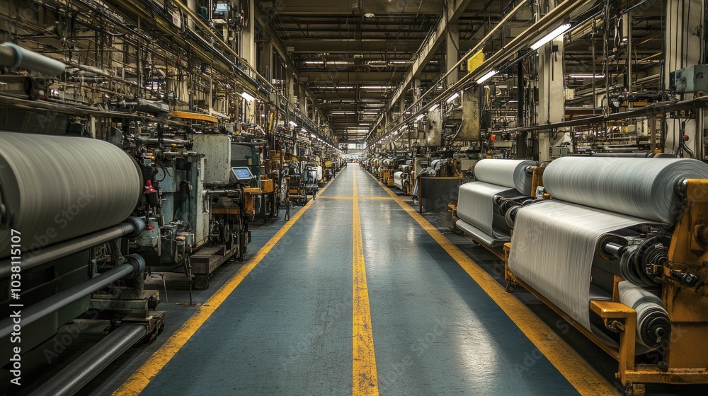 Machinery running within a textile factory, efficient arrangement, gentle fabric patterns, and ample illumination create a vibrant environment. Machinery running within a textile factory, efficient arrangement, gentle fabric patterns, and ample illumination create a vibrant environment.