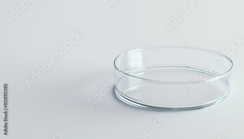 A clear glass petri dish sits on a plain surface, commonly used in laboratories for culturing microorganisms.