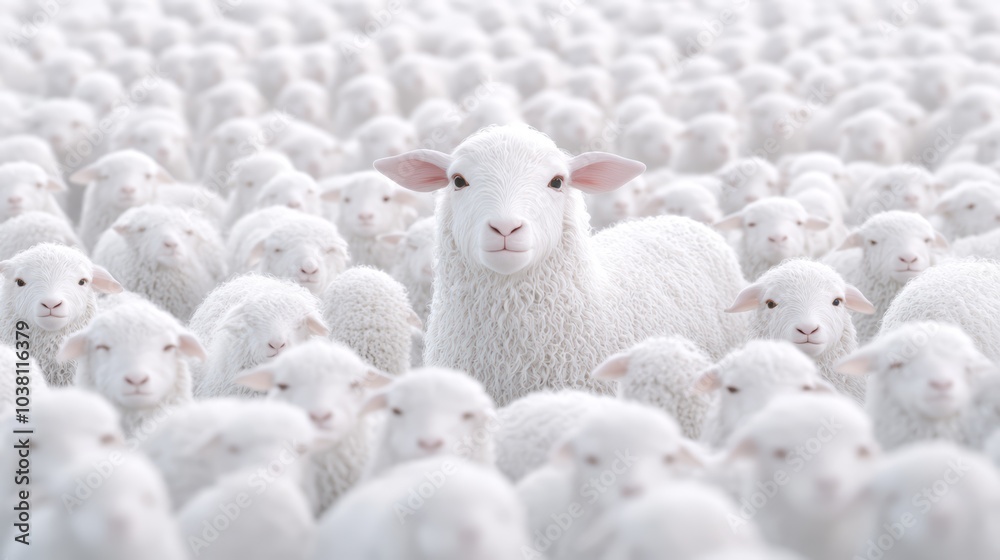 Obraz premium A flock of white sheep with one distinct sheep in focus, white isolated background.