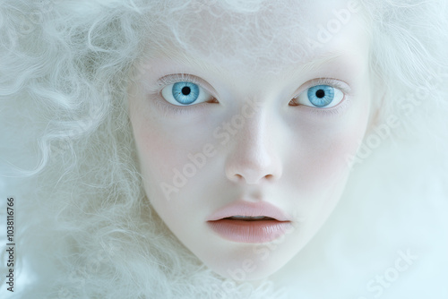 people of ai // albino woman with blue eyes, pale skin, white hair, full lips, porcelain skin, curly hair, looking at camera, white background, photorealistic