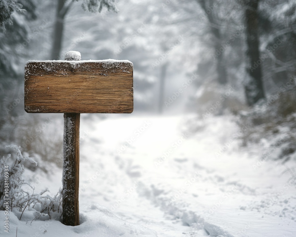 Fototapeta premium Snowy forest featuring a wooden sign for holiday greetings, tranquil winter scene, soft focus, ample room for messages on the sign.