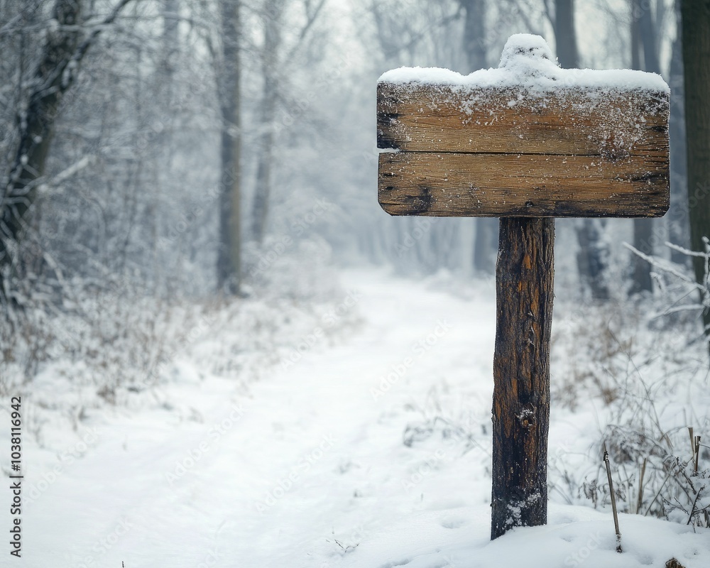 Naklejka premium Snow-covered woods feature a wooden sign for festive greetings, tranquil winter scene, gentle blur, ample area for writing on the sign.