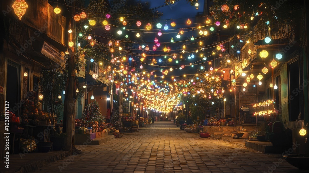 Street filled with Diwali lanterns and lights at night, festive mood, vibrant atmosphere, bright lighting Street filled with Diwali lanterns and lights at night, festive mood, vibrant atmosphere, bright lighting
