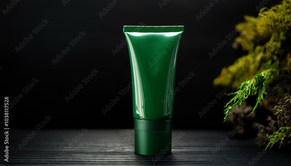 Fototapeta premium Green cosmetic tube with a dark background and natural elements, isolated for display.