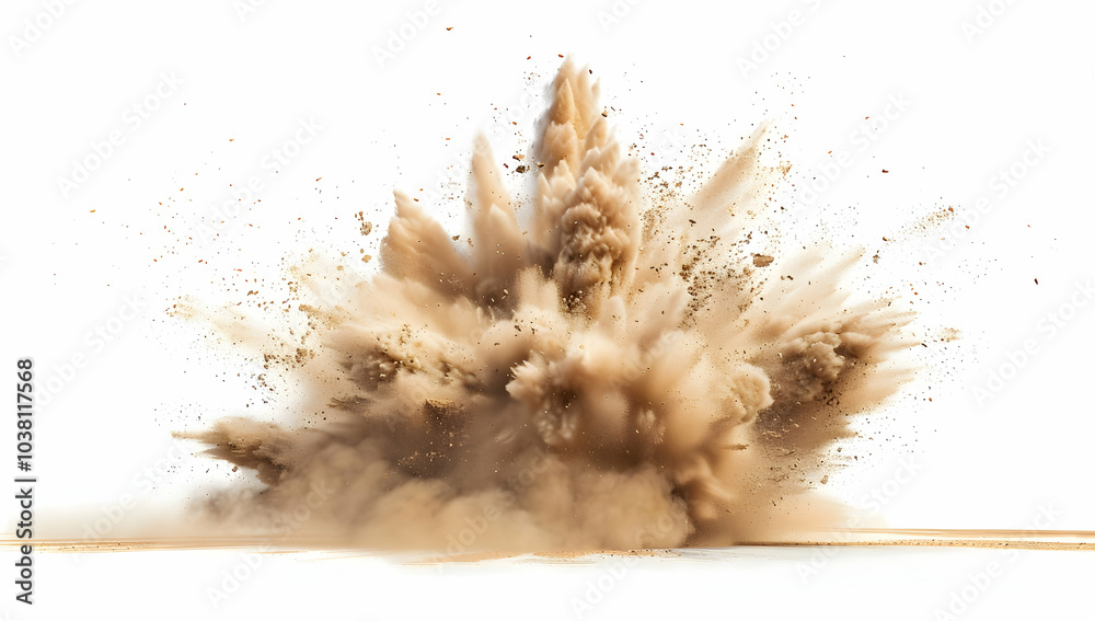 An ultra-realistic photograph of a sand dust explosion, isolated on a white background An ultra-realistic photograph of a sand dust explosion, isolated on a white background