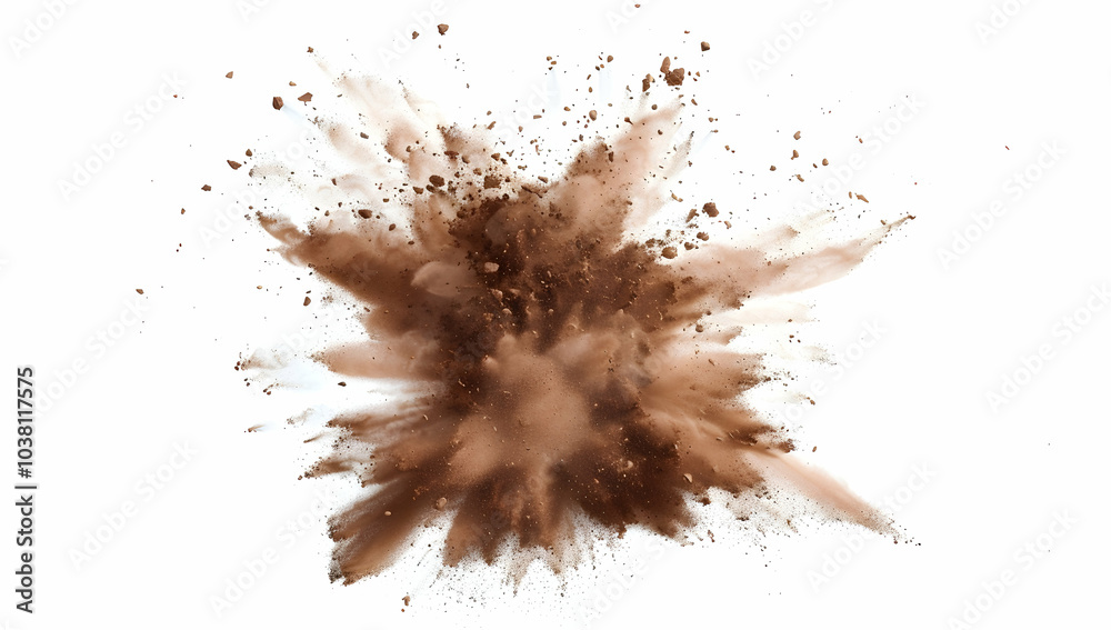 Craft an isolated, dusty brown powder explosion on a white background Craft an isolated, dusty brown powder explosion on a white background