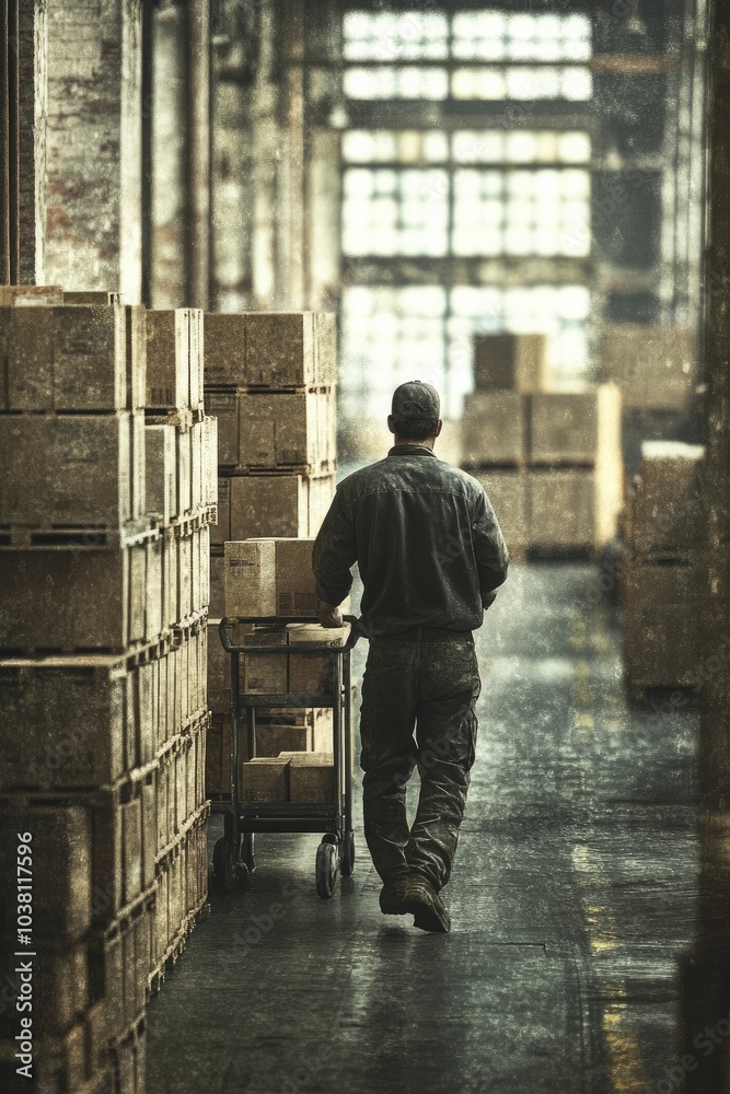 Warehouse worker transporting boxes with a hand truck, surrounded by an industrial backdrop filled with rough textures and subdued hues. Warehouse worker transporting boxes with a hand truck, surrounded by an industrial backdrop filled with rough textures and subdued hues.
