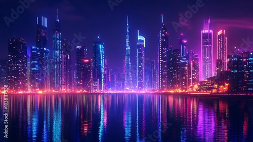 Futuristic city illuminated with neon reflections across water