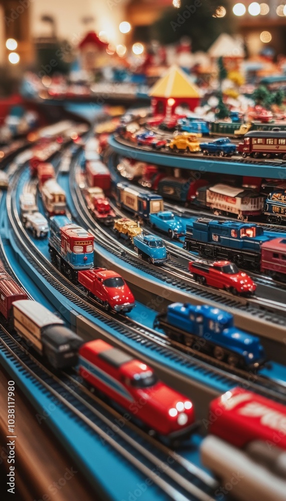 A close-up shot of a miniature train set with colorful trains on a blue track. A close-up shot of a miniature train set with colorful trains on a blue track.