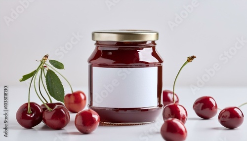 Cherry jam jar with fresh cherries on a white isolated background. photo