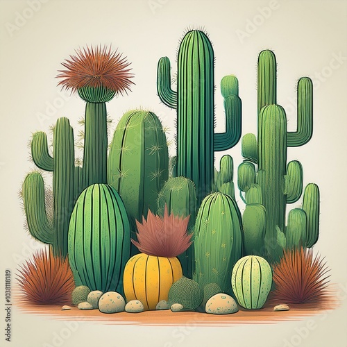 Colorful cacti and succulents illustration on a light background. photo