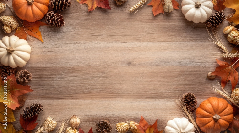 Fototapeta premium Thanksgiving Frame of Pumpkins, Autumn Fruits, Leaves, and Seasonal Food with Center Copy Space