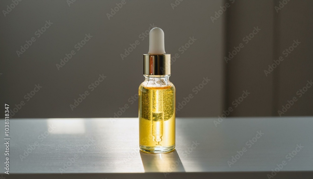 Glass dropper bottle with golden oil, soft natural light background. Glass dropper bottle with golden oil, soft natural light background.