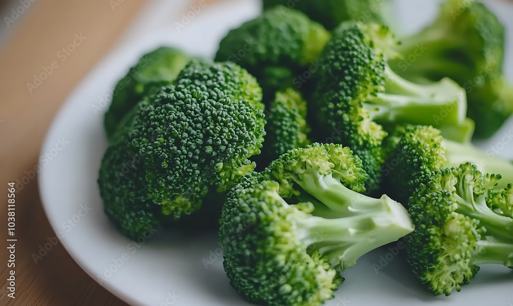 Fresh broccoli florets arranged neatly on a white plate, Generative AI Fresh broccoli florets arranged neatly on a white plate, Generative AI