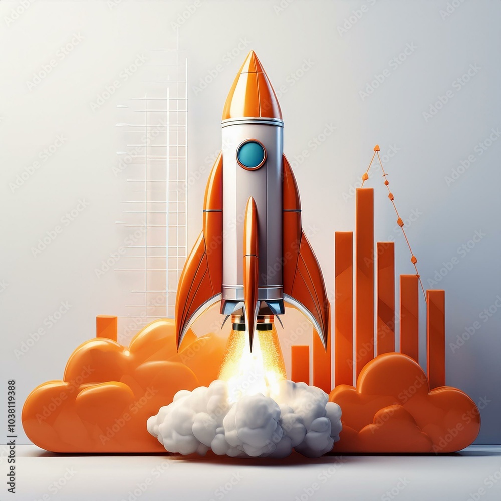 orange rocket launching alongside a rising graph, surrounded by white ...