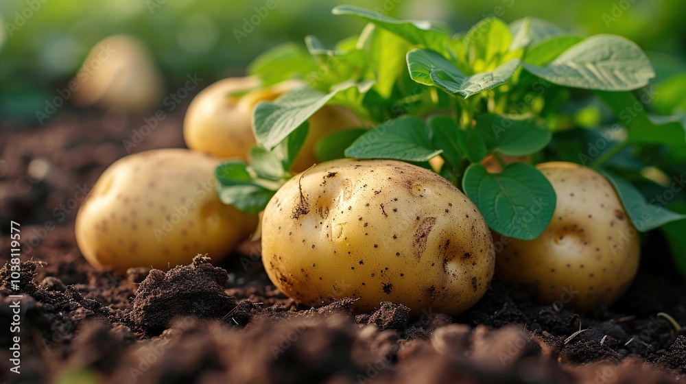 Close-up photograph of potatoes in the ground. Agricultural and harvest concept Close-up photograph of potatoes in the ground. Agricultural and harvest concept