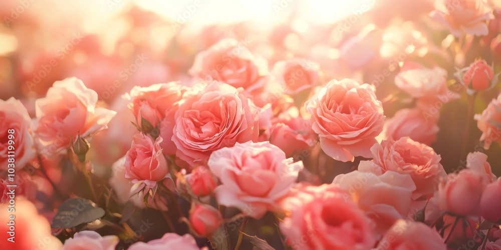 A beautiful field of pastel pink roses blooming under soft sunlight. This image captures the warmth and allure of nature. Ideal for floral design and garden inspiration. AI A beautiful field of pastel pink roses blooming under soft sunlight. This image captures the warmth and allure of nature. Ideal for floral design and garden inspiration. AI