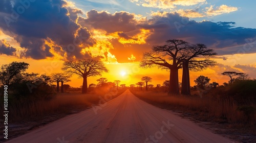 Beautiful sunset with silhouette of baobab tree 