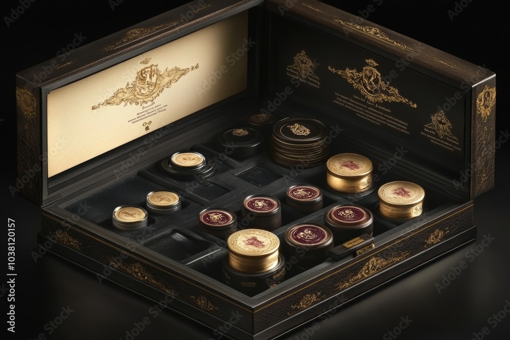 A luxurious wooden box with gold accents and intricate designs contains various round containers, likely for high-end cosmetics or toiletries. A luxurious wooden box with gold accents and intricate designs contains various round containers, likely for high-end cosmetics or toiletries.