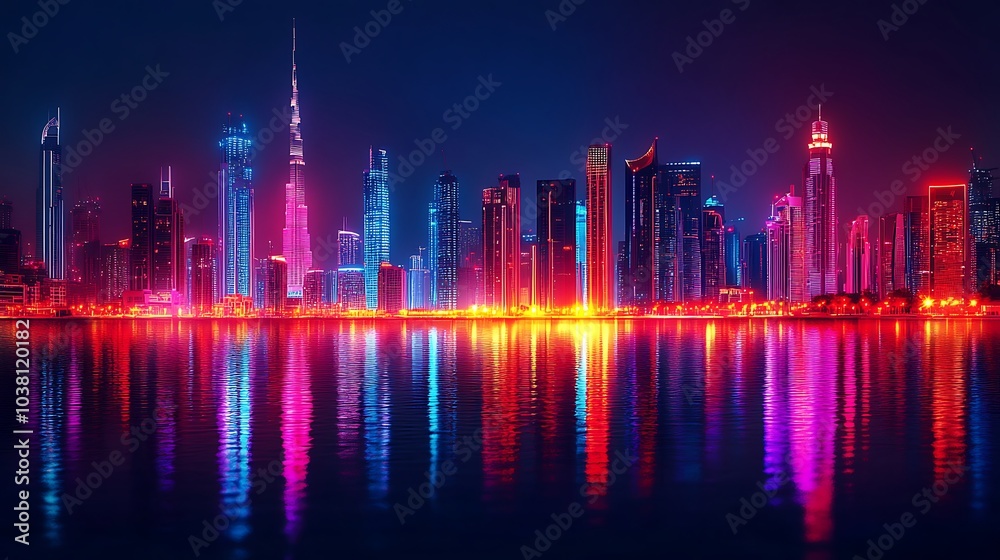 Futuristic high-rise city illuminated with neon water reflections Futuristic high-rise city illuminated with neon water reflections