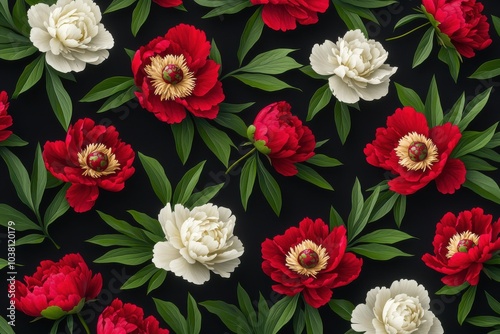 A vibrant pattern featuring red and white peonies with green leaves on a black background, ideal for floral design or textile use.