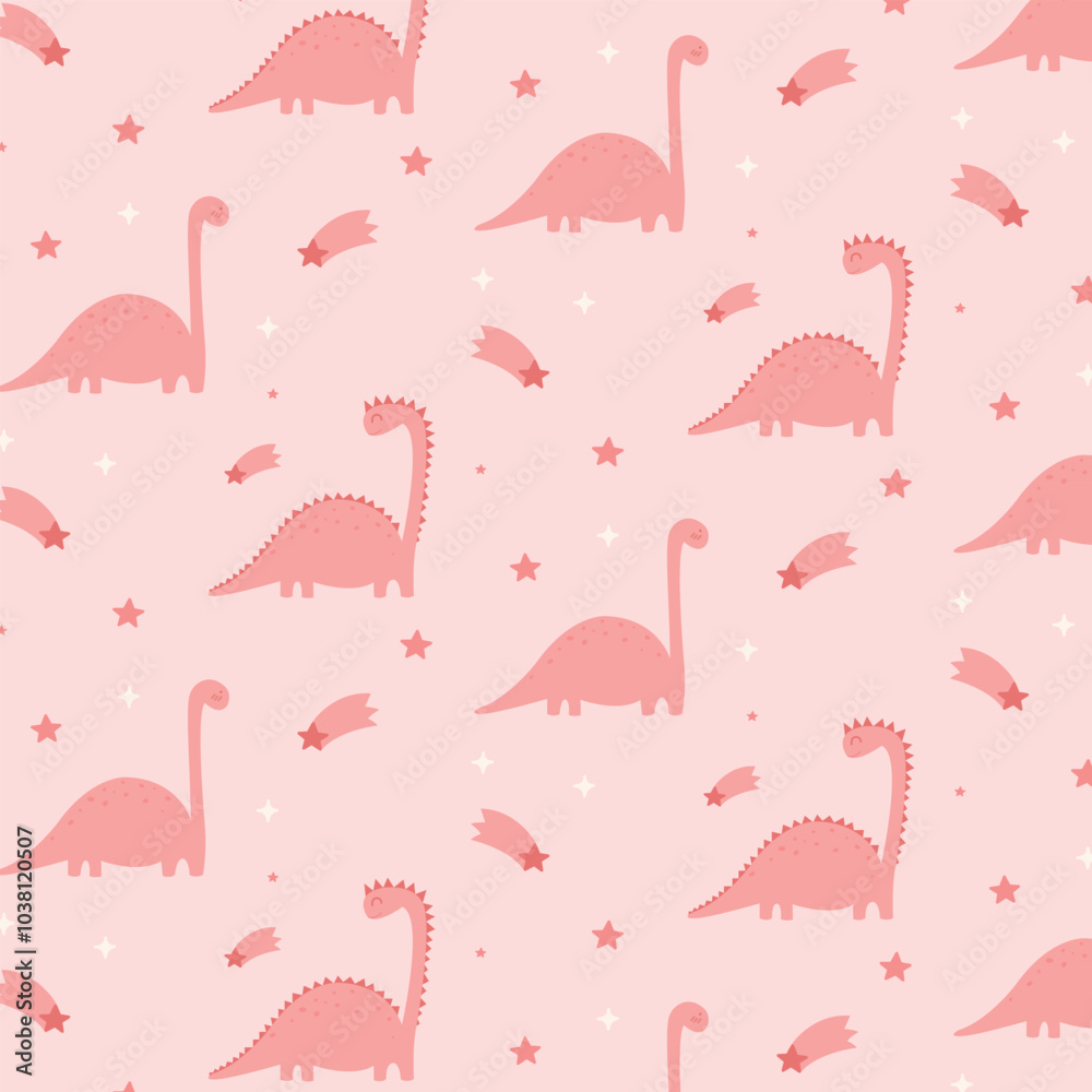 Obraz premium Pattern cute pink dinosaurs, Cartoon seamless pattern with dinosaurs with stars.