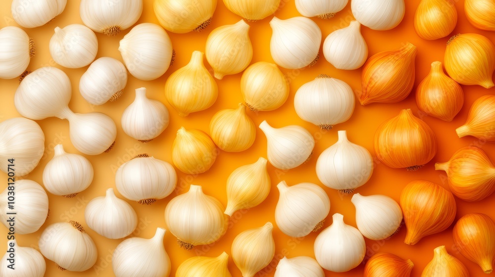 A vibrant collection of assorted onions on a bright orange background. A vibrant collection of assorted onions on a bright orange background.