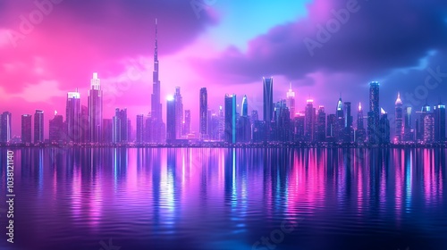 Futuristic skyscrapers glowing brightly over neon-lit waters