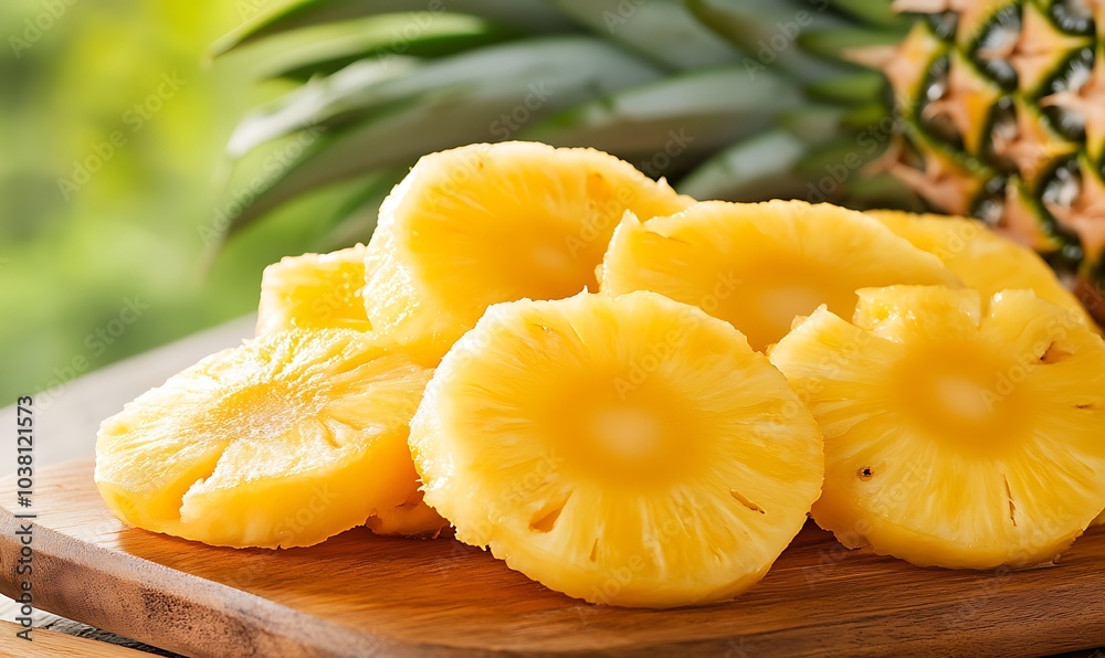 Fresh pineapple slices on a wooden board, Generative AI Fresh pineapple slices on a wooden board, Generative AI
