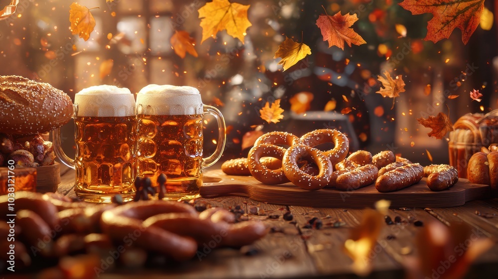Autumn Feast with Beer and Pretzels in Cozy Atmosphere Autumn Feast with Beer and Pretzels in Cozy Atmosphere