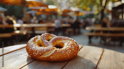 Traditional Bavarian Pretzel on a Wooden Table photo