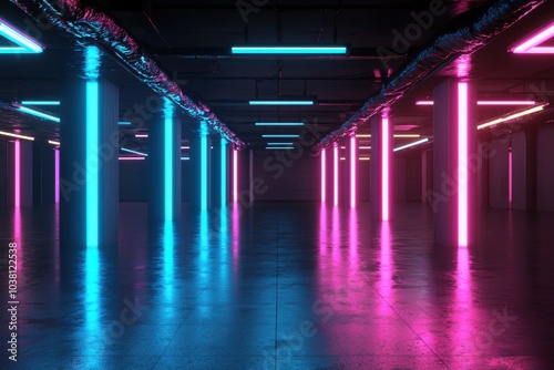 A modern, illuminated indoor space featuring vibrant blue and pink neon lights reflecting on polished floors.